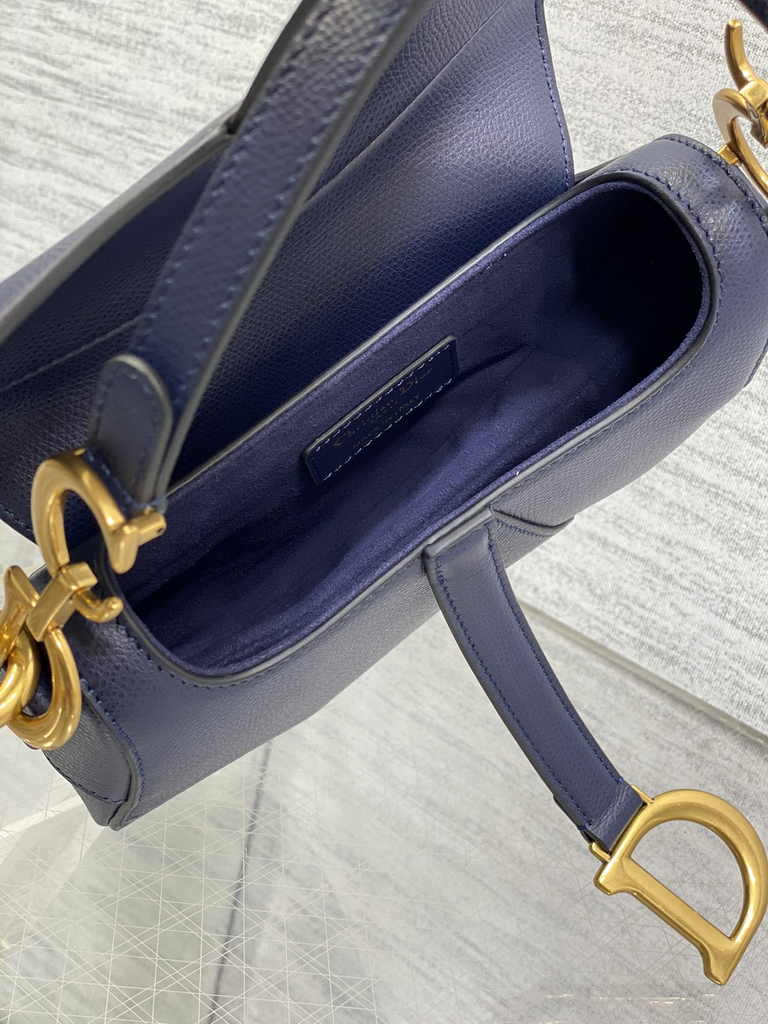 Dior Mini Saddle Bag with Strap M0456 Navy Blue Grained Calfskin