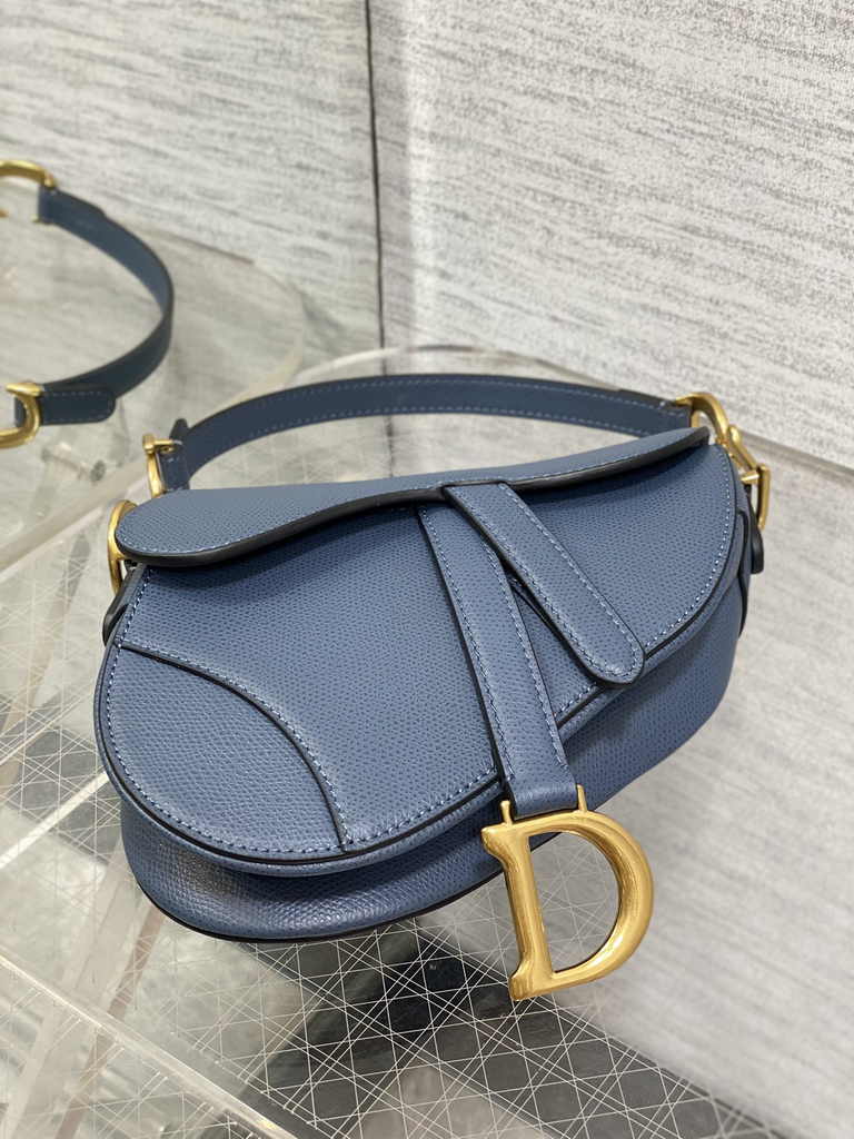 Dior Mini Saddle Bag with Strap M0456 Blue Grained Calfskin