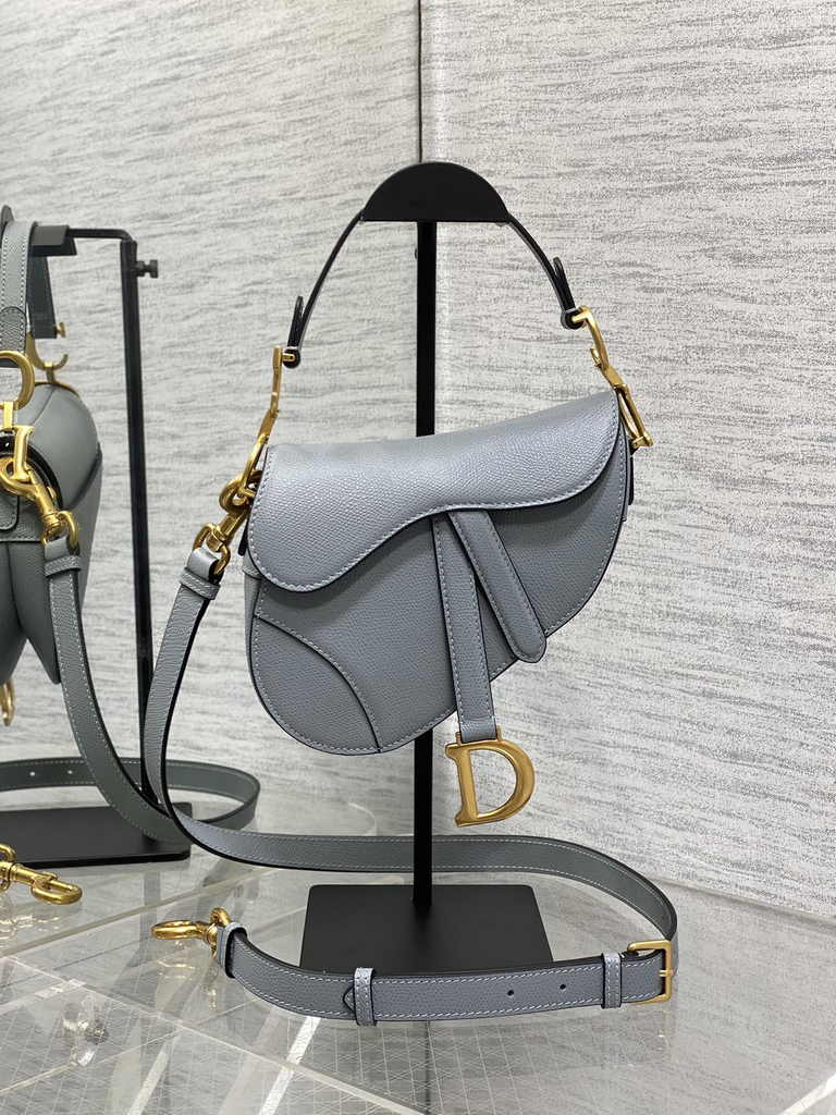 Dior Mini Saddle Bag with Strap M0456 Gray Grained Calfskin