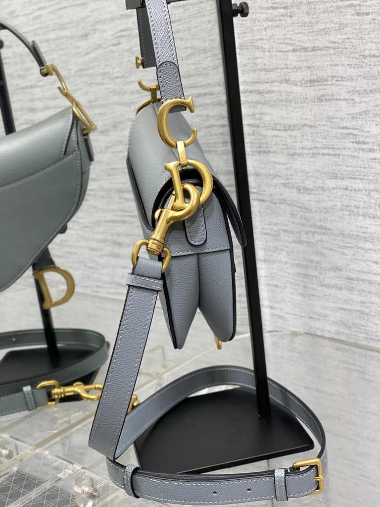 Dior Mini Saddle Bag with Strap M0456 Gray Grained Calfskin