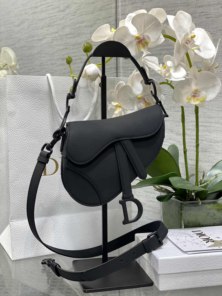 Dior Mini Saddle Bag with Strap M0456 Black Smooth Calfskin