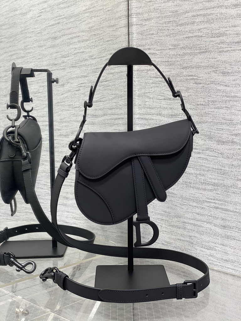 Dior Mini Saddle Bag with Strap M0456 Black Smooth Calfskin