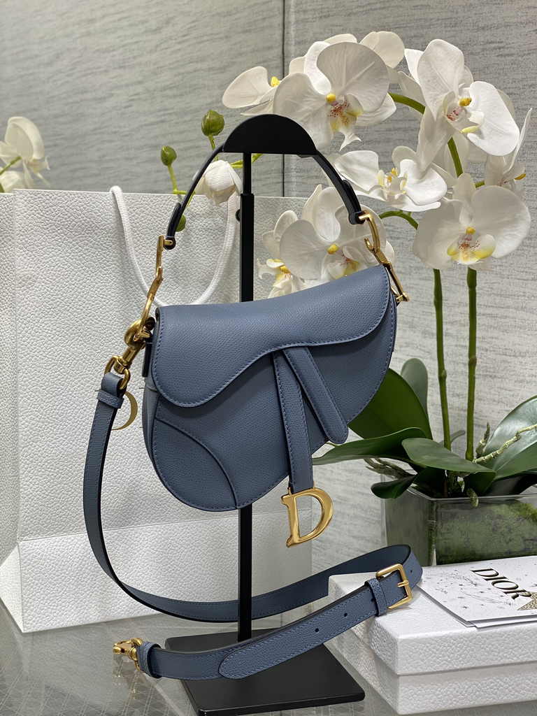 Dior Mini Saddle Bag with Strap M0456 Light Blue Grained Calfskin