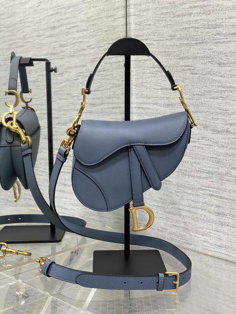Dior Mini Saddle Bag with Strap M0456 Light Blue Grained Calfskin