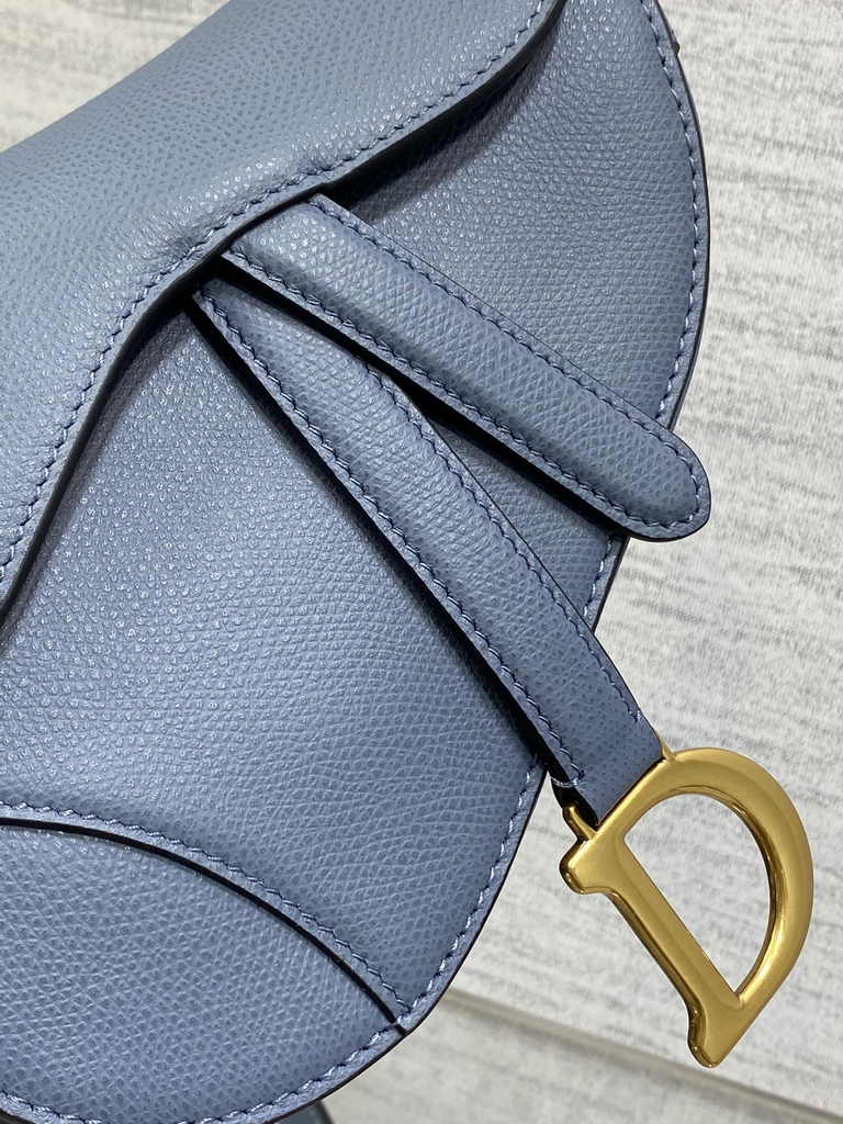 Dior Mini Saddle Bag with Strap M0456 Light Blue Grained Calfskin