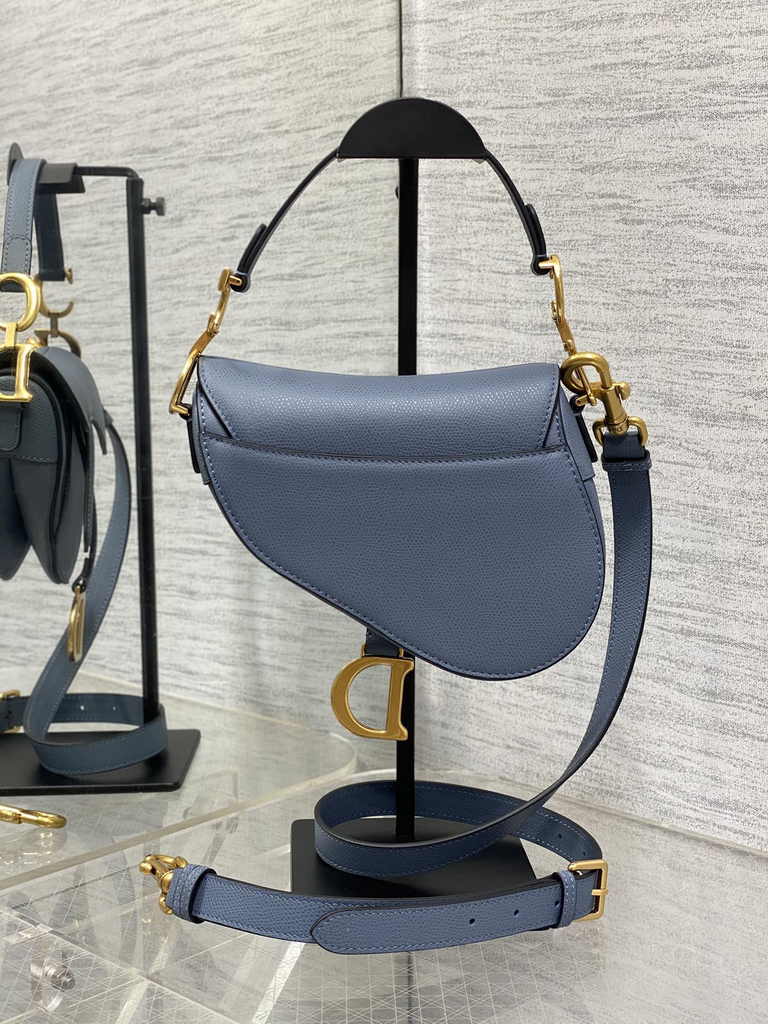 Dior Mini Saddle Bag with Strap M0456 Light Blue Grained Calfskin