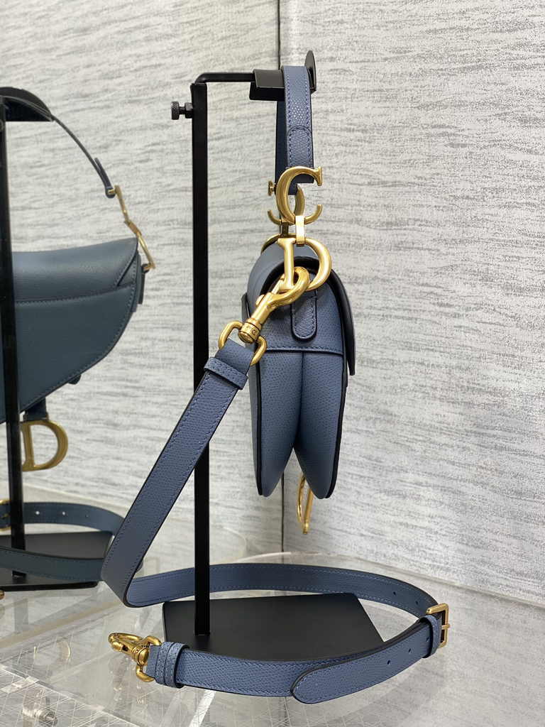 Dior Mini Saddle Bag with Strap M0456 Light Blue Grained Calfskin