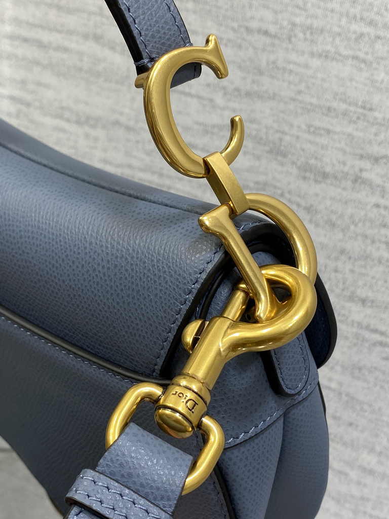 Dior Mini Saddle Bag with Strap M0456 Light Blue Grained Calfskin