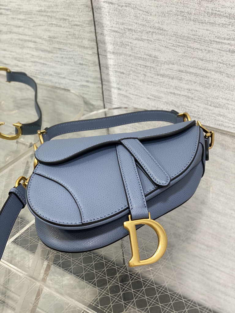 Dior Mini Saddle Bag with Strap M0456 Light Blue Grained Calfskin