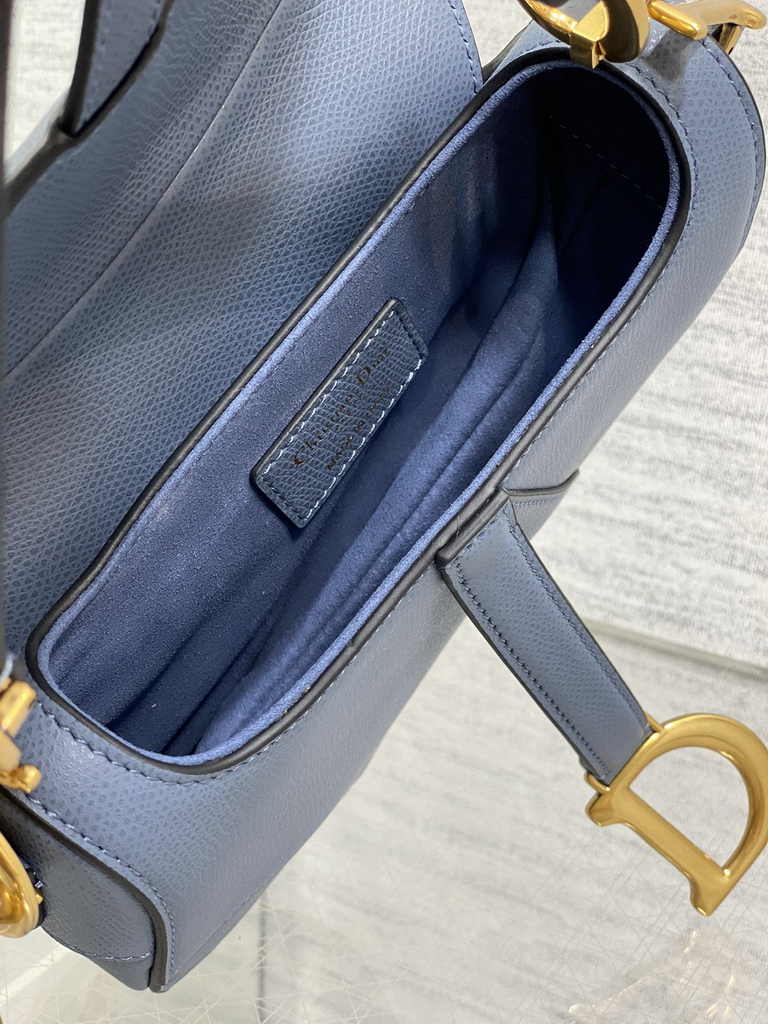 Dior Mini Saddle Bag with Strap M0456 Light Blue Grained Calfskin