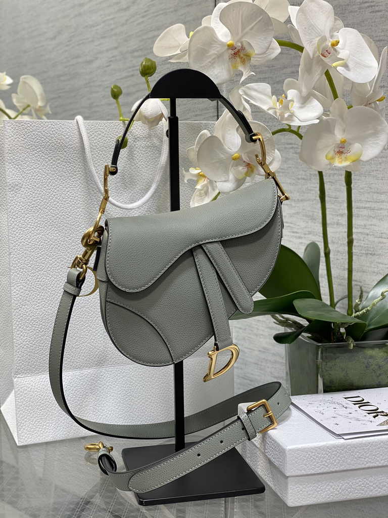 Dior Mini Saddle Bag with Strap M0456 Gray Grained Calfskin