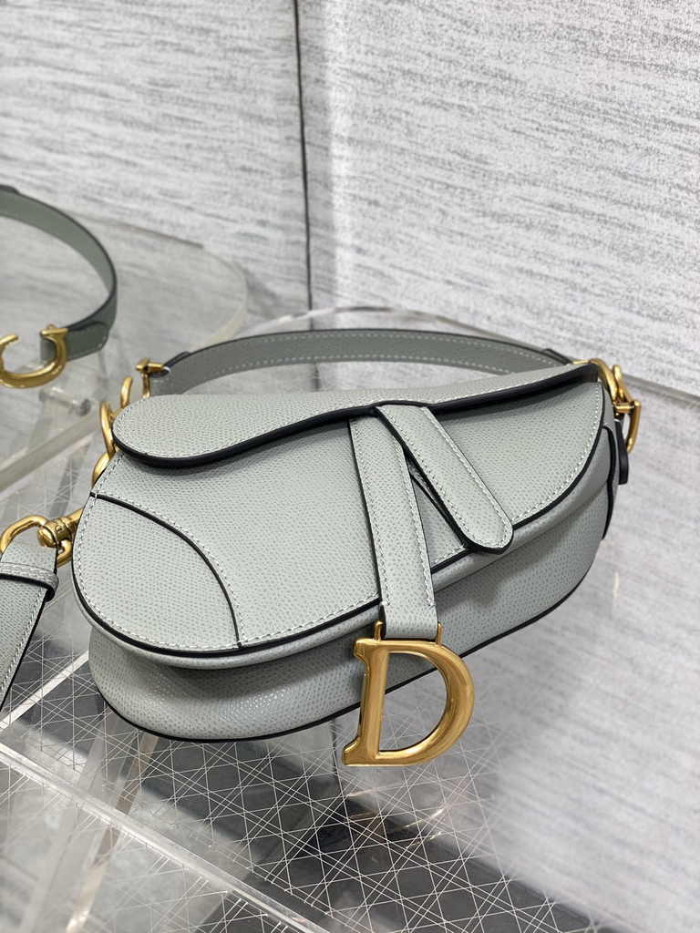 Dior Mini Saddle Bag with Strap M0456 Gray Grained Calfskin