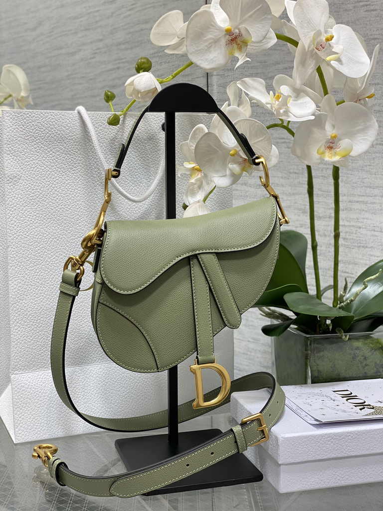 Dior Mini Saddle Bag with Strap M0456 Green Grained Calfskin
