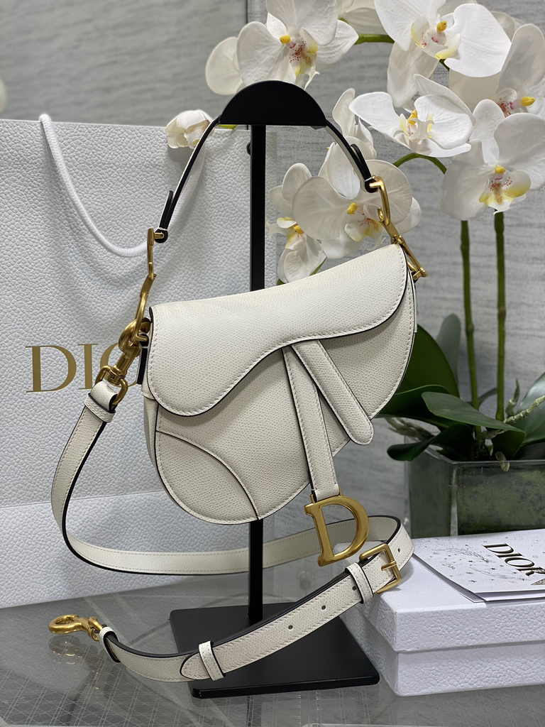Dior Mini Saddle Bag with Strap M0456 White Grained Calfskin