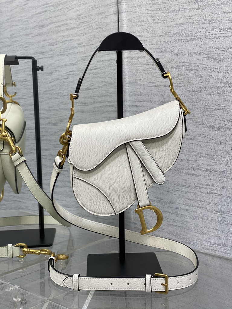 Dior Mini Saddle Bag with Strap M0456 White Grained Calfskin