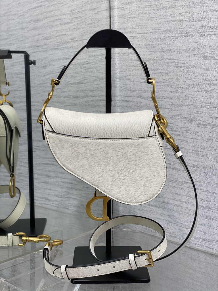 Dior Mini Saddle Bag with Strap M0456 White Grained Calfskin