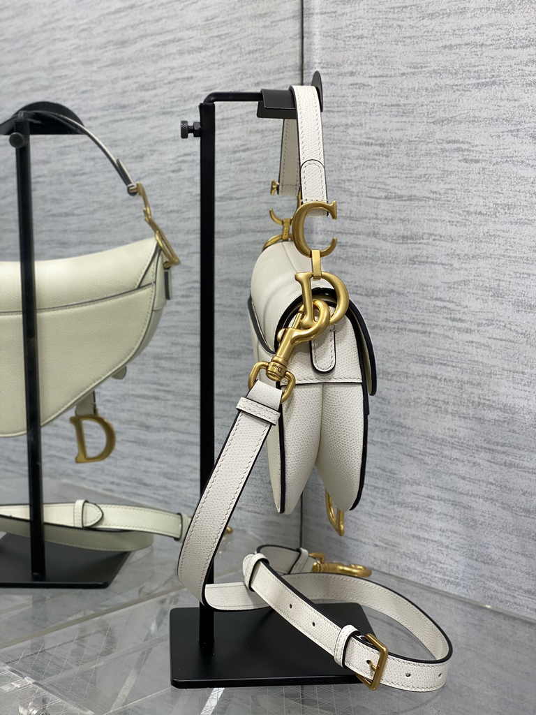 Dior Mini Saddle Bag with Strap M0456 White Grained Calfskin