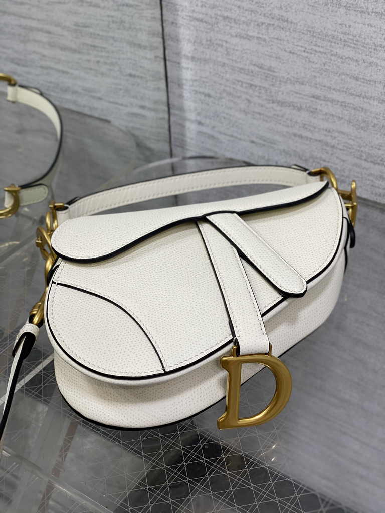 Dior Mini Saddle Bag with Strap M0456 White Grained Calfskin