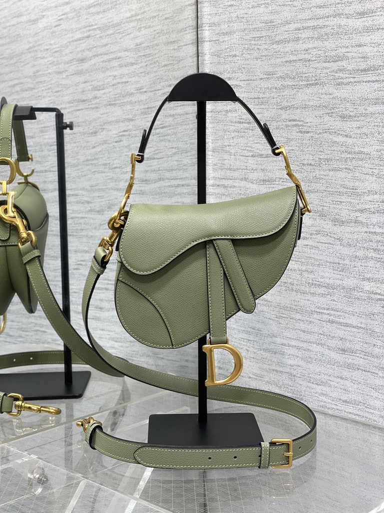 Dior Mini Saddle Bag with Strap M0456 Green Grained Calfskin