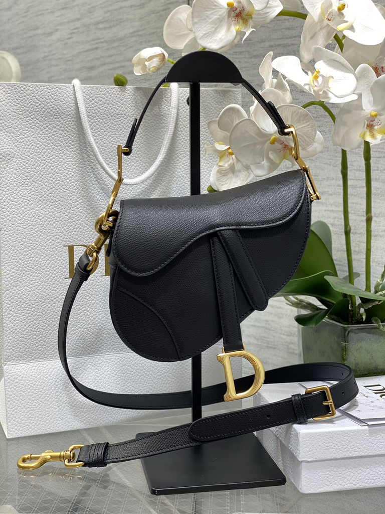 Dior Mini Saddle Bag with Strap M0456 Black Gold Grained Calfskin