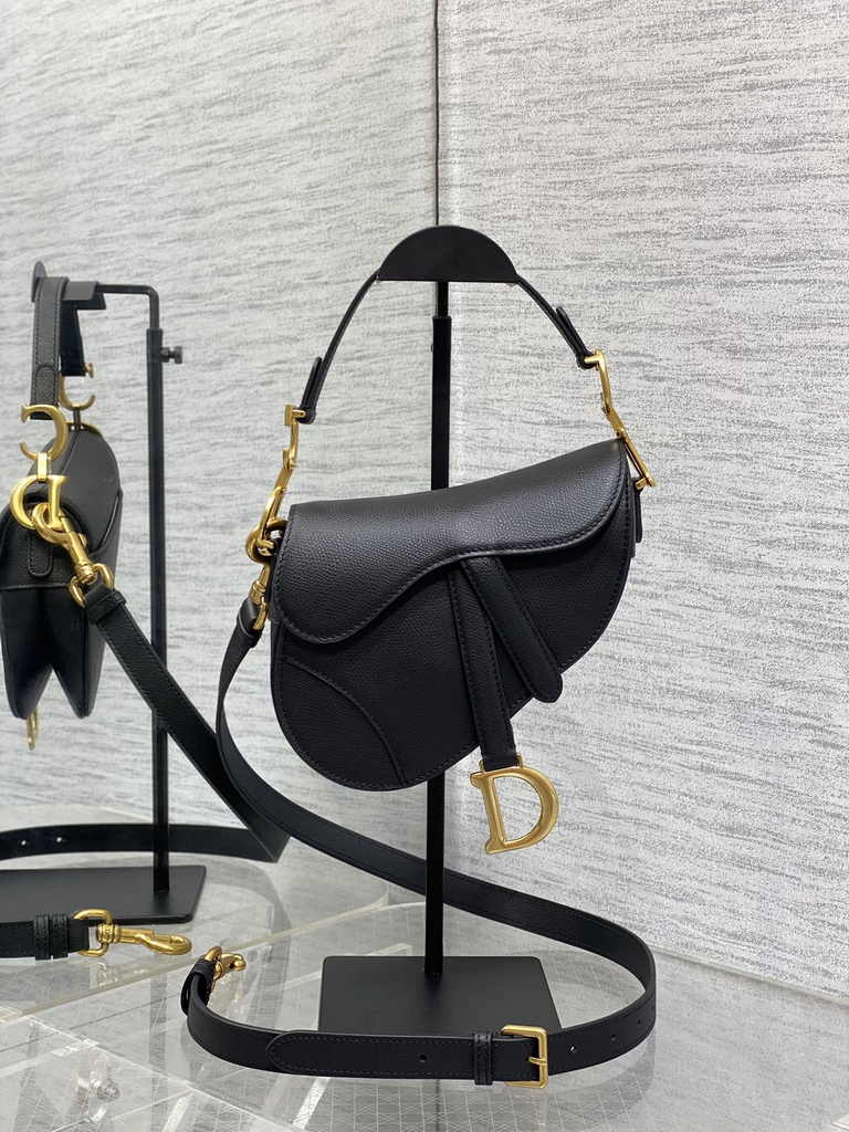 Dior Mini Saddle Bag with Strap M0456 Black Gold Grained Calfskin