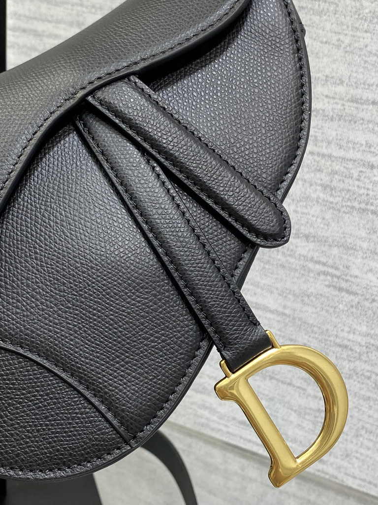 Dior Mini Saddle Bag with Strap M0456 Black Gold Grained Calfskin