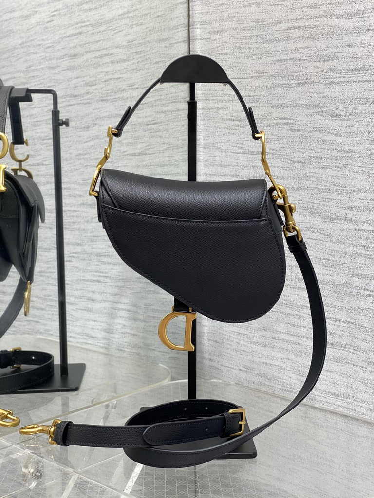 Dior Mini Saddle Bag with Strap M0456 Black Gold Grained Calfskin