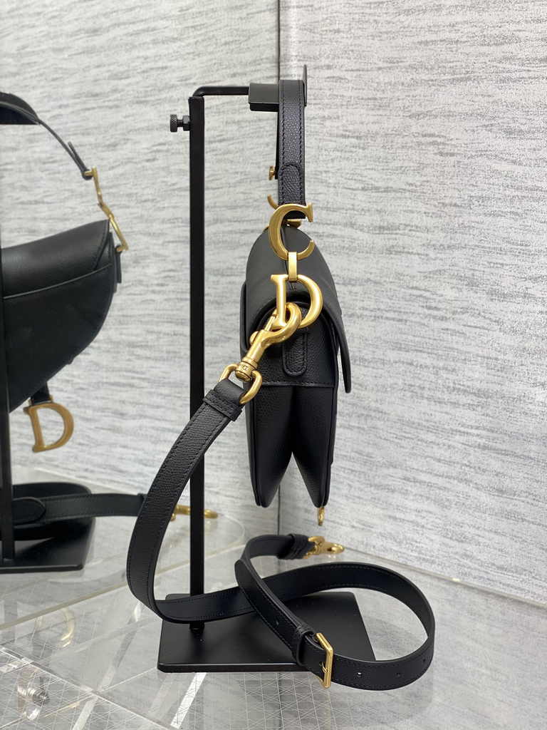 Dior Mini Saddle Bag with Strap M0456 Black Gold Grained Calfskin