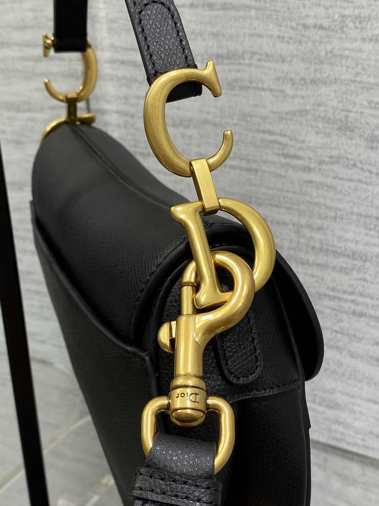 Dior Mini Saddle Bag with Strap M0456 Black Gold Grained Calfskin
