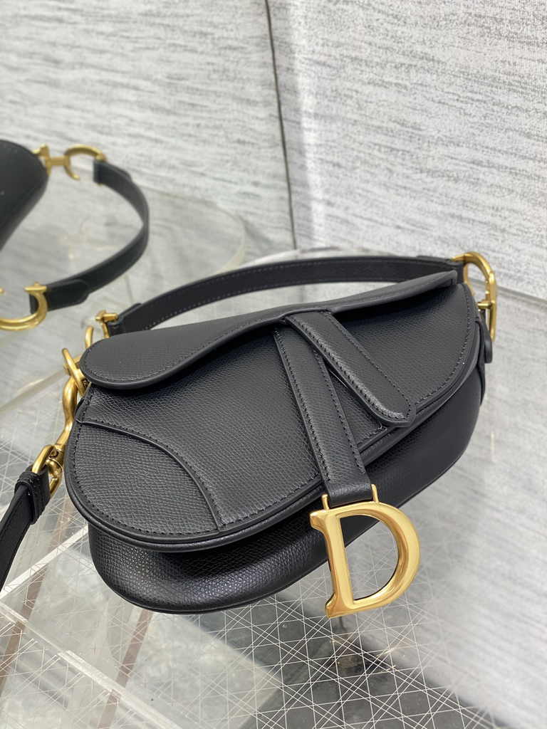 Dior Mini Saddle Bag with Strap M0456 Black Gold Grained Calfskin