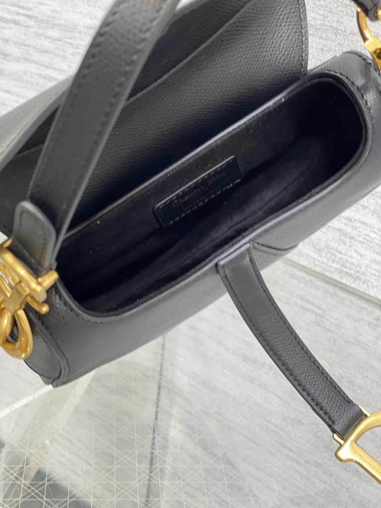 Dior Mini Saddle Bag with Strap M0456 Black Gold Grained Calfskin