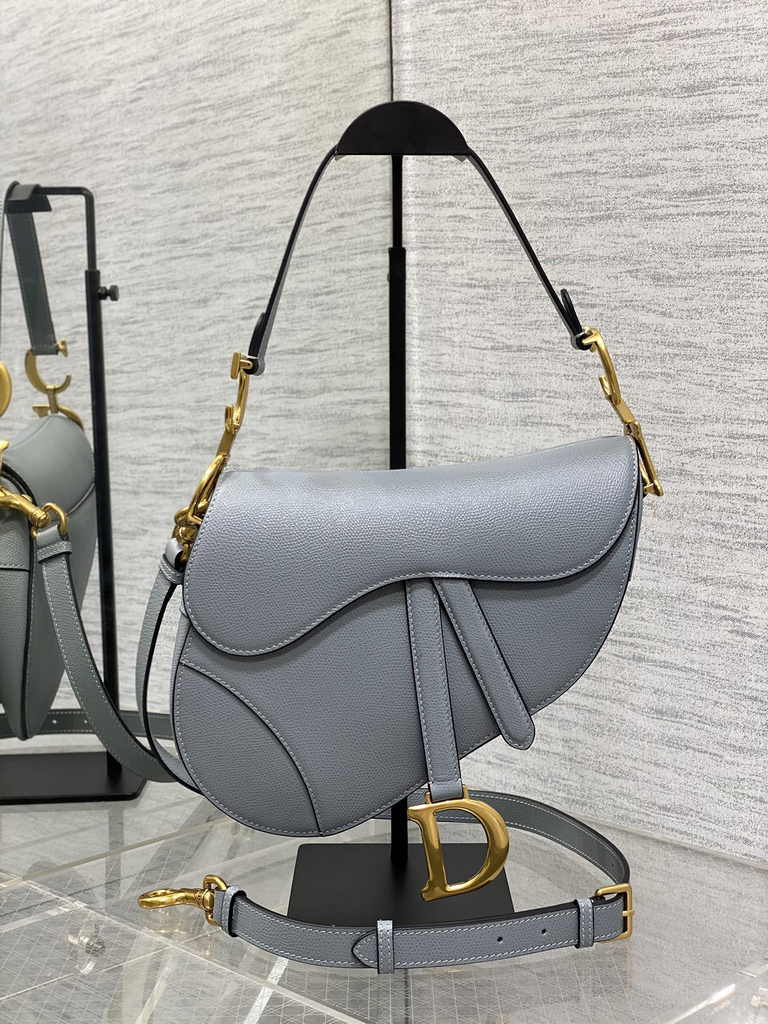 Dior Saddle Bag with Strap M0455 Grained Calfskin Light Blue