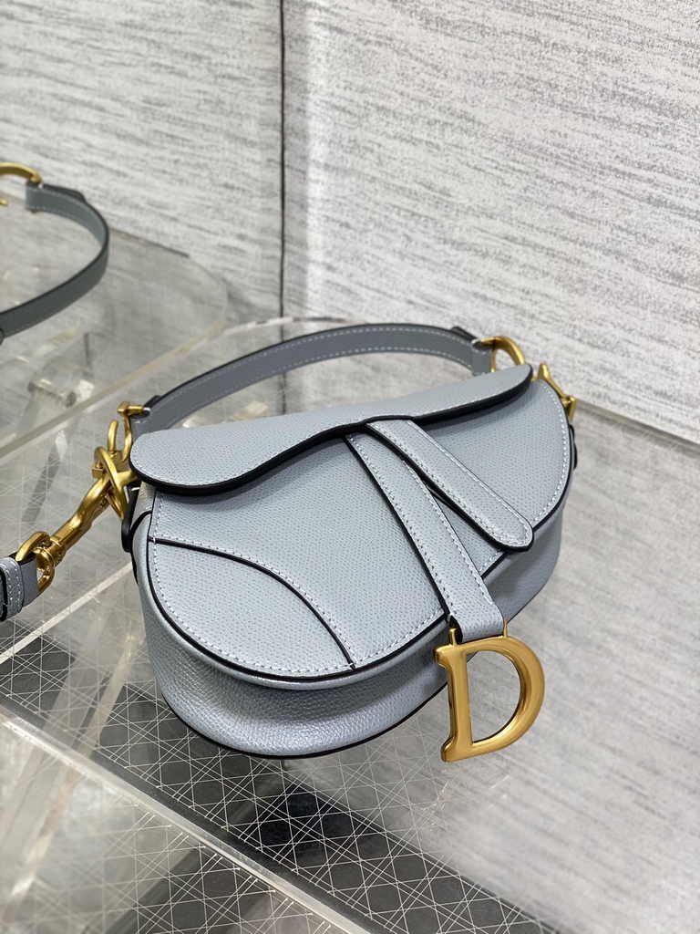 Dior Mini Saddle Bag with Strap M0456 Grained Calfskin Light Blue