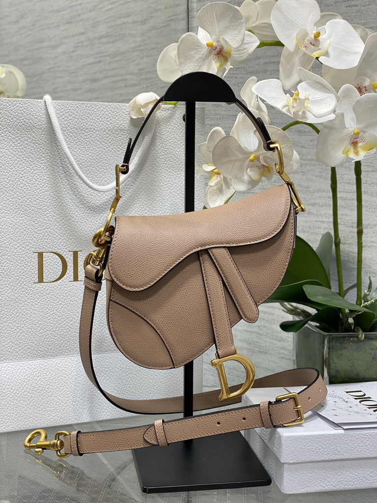 Dior Mini Saddle Bag with Strap M0456 Pink Grained Calfskin