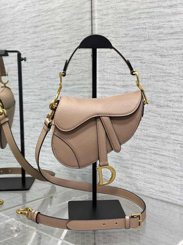 Dior Mini Saddle Bag with Strap M0456 Pink Grained Calfskin