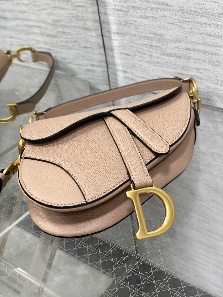 Dior Mini Saddle Bag with Strap M0456 Pink Grained Calfskin
