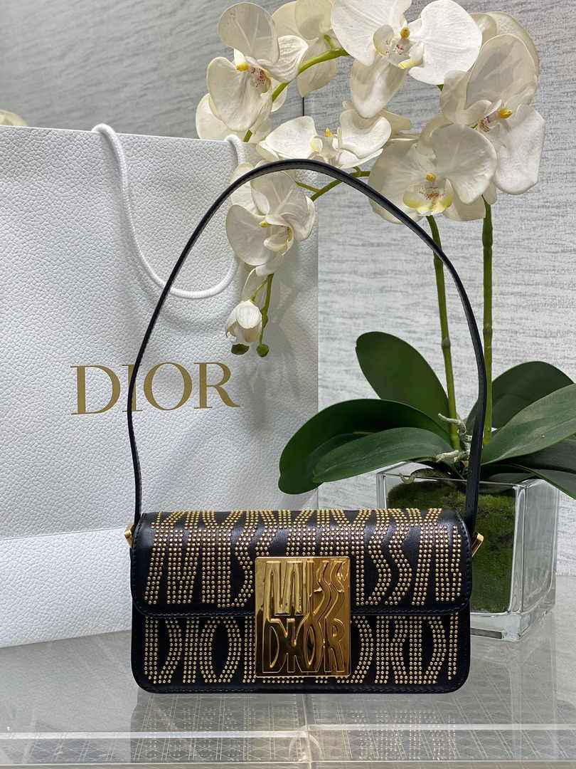 Miss Dior Flap Bag M2610 Black Miss Dior Allover Calfskin with Gold-Finish Studs - Default Title - View 1