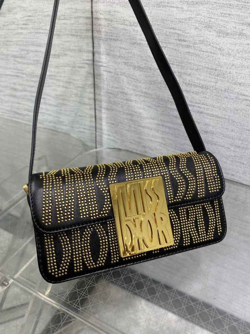 Miss Dior Flap Bag M2610 Black Miss Dior Allover Calfskin with Gold-Finish Studs - Default Title - View 3