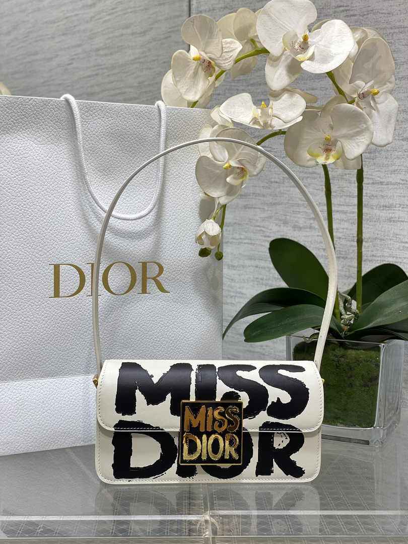 Miss Dior Flap Bag M2610 White and Black Miss Dior Graffiti Printed Calfskin - Default Title - View 1