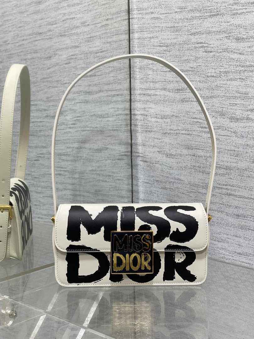 Miss Dior Flap Bag M2610 White and Black Miss Dior Graffiti Printed Calfskin - Default Title - View 2