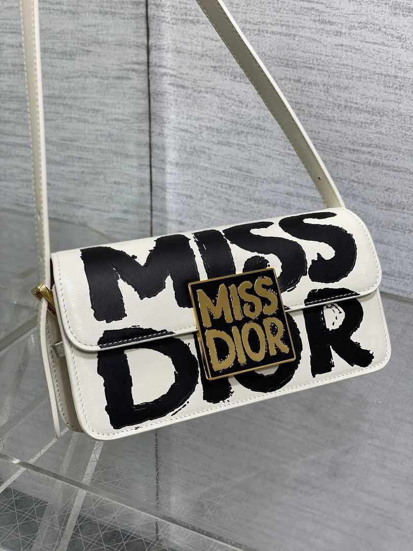 Miss Dior Flap Bag M2610 White and Black Miss Dior Graffiti Printed Calfskin - Default Title - View 3
