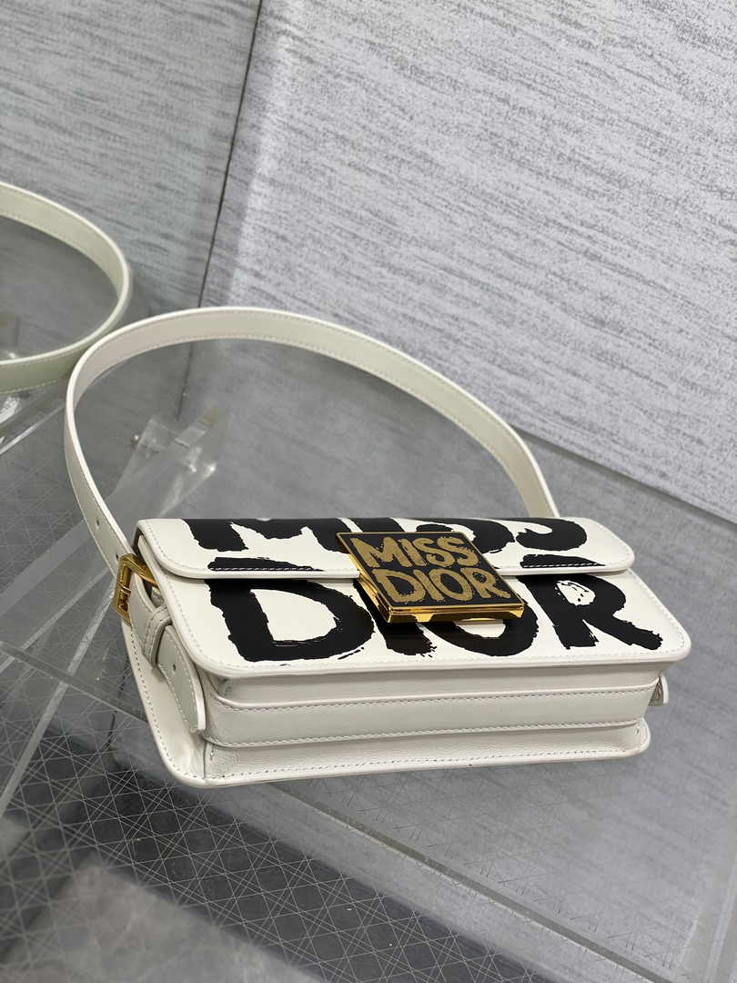 Miss Dior Flap Bag M2610 White and Black Miss Dior Graffiti Printed Calfskin - Default Title - View 8