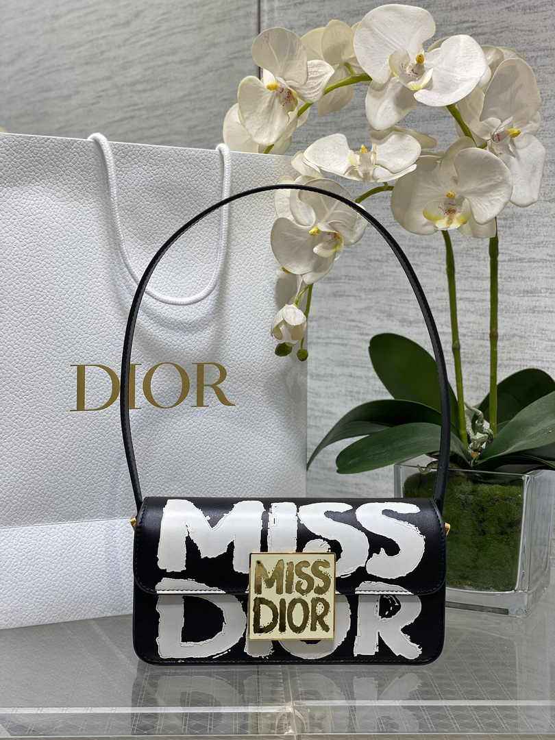 Miss Dior Flap Bag M2610 Black and White Miss Dior Graffiti Printed Calfskin - Default Title - View 1