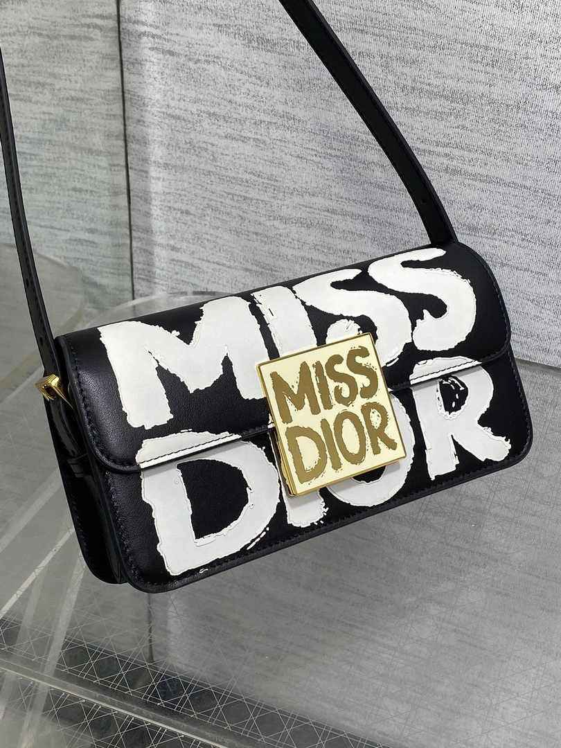 Miss Dior Flap Bag M2610 Black and White Miss Dior Graffiti Printed Calfskin - Default Title - View 3