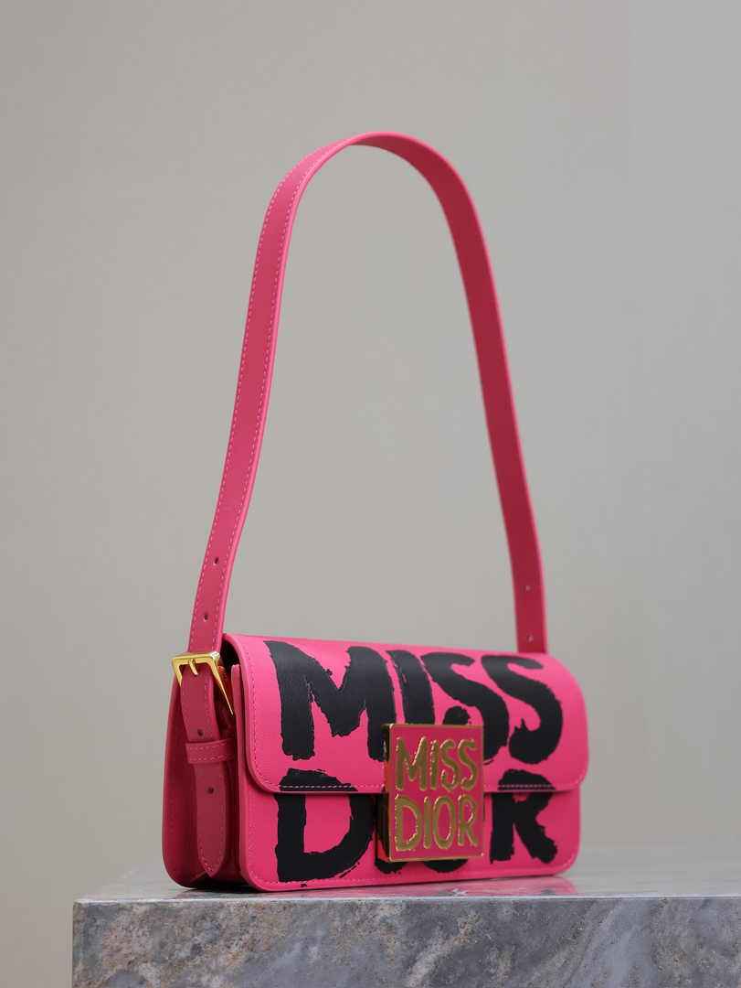 Miss Dior Flap Bag M2610 Fuchsia and Black Miss Dior Graffiti Printed Calfskin - Default Title - View 3