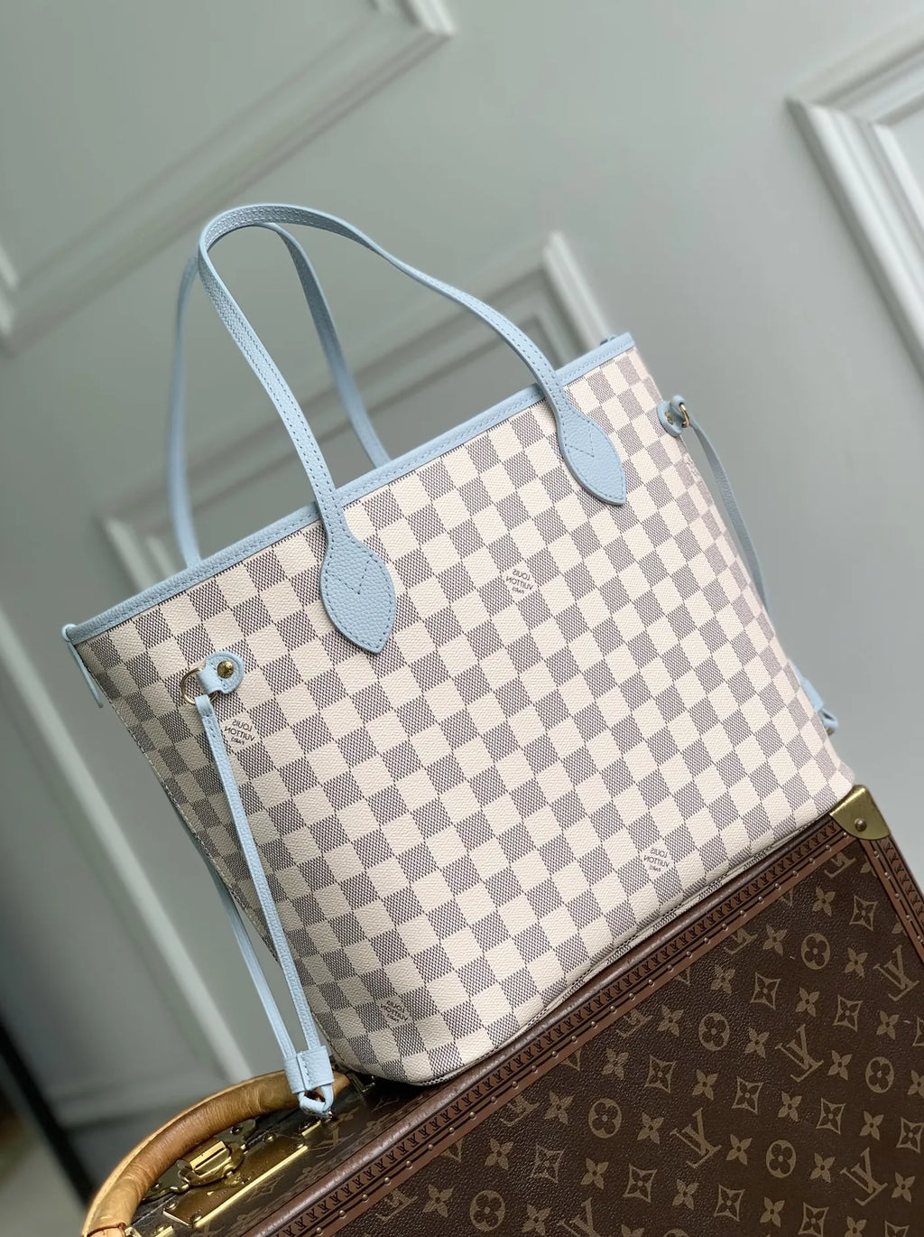 Louis Vuitton Neverfull Inside Out MM Bag, N40946 Damier Azur Bleu Olympe