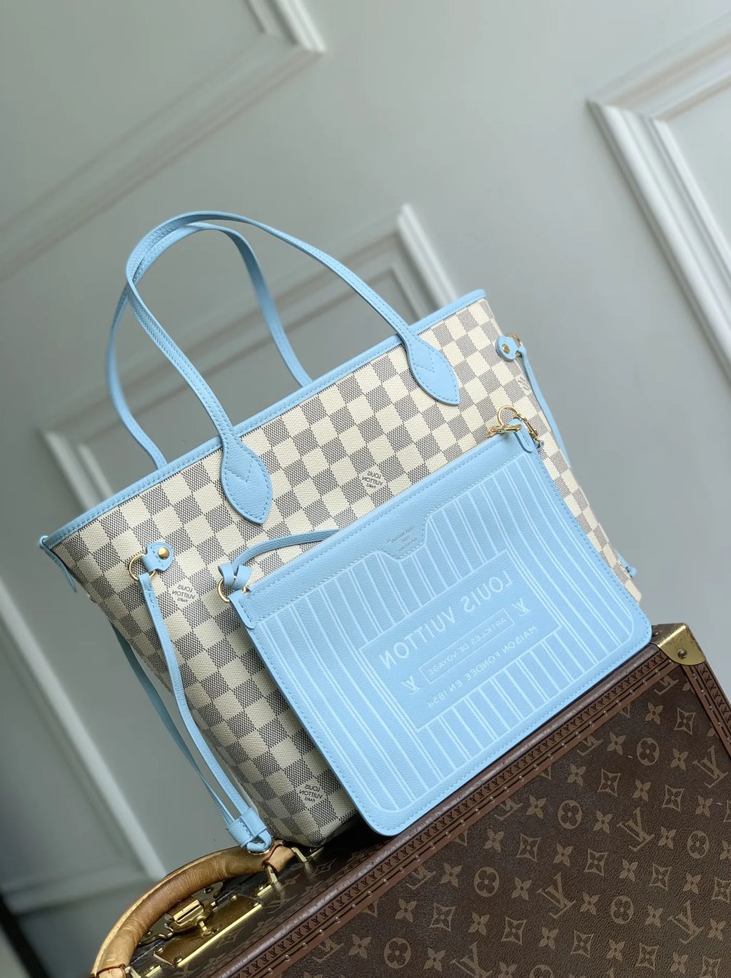 Louis Vuitton Neverfull Inside Out MM Bag, N40946 Damier Azur Bleu Olympe