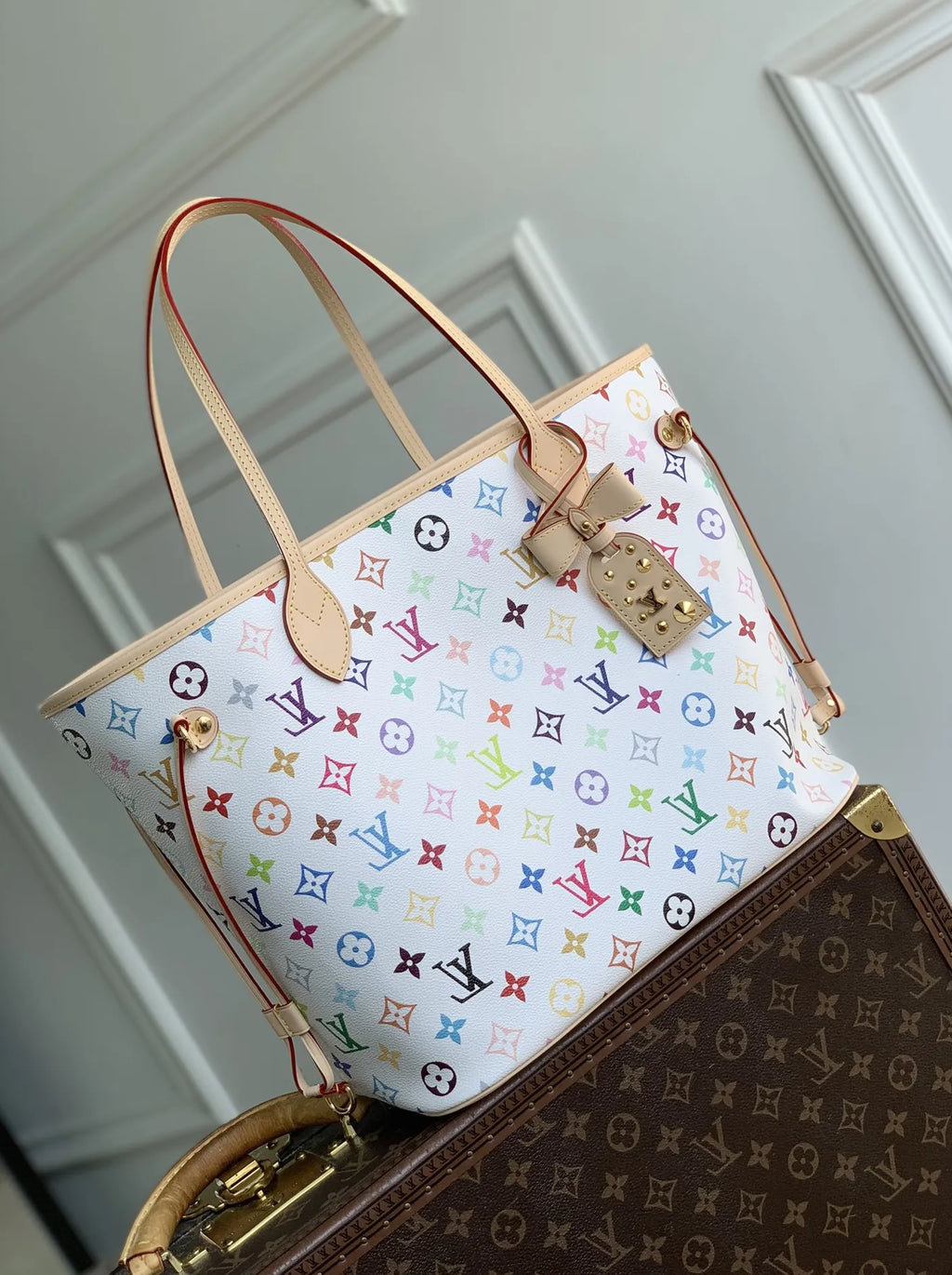 Louis Vuitton LV x TM Neverfull MM Bag, M27787 Multicolor White Coated canvas