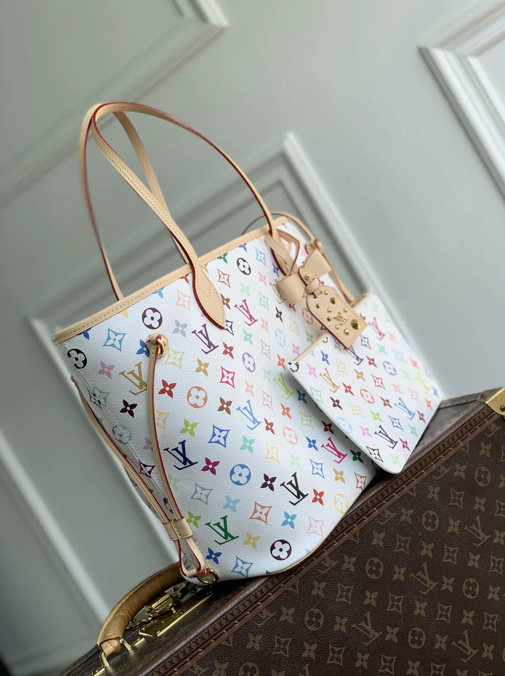 Louis Vuitton LV x TM Neverfull MM Bag, M27787 Multicolor White Coated canvas
