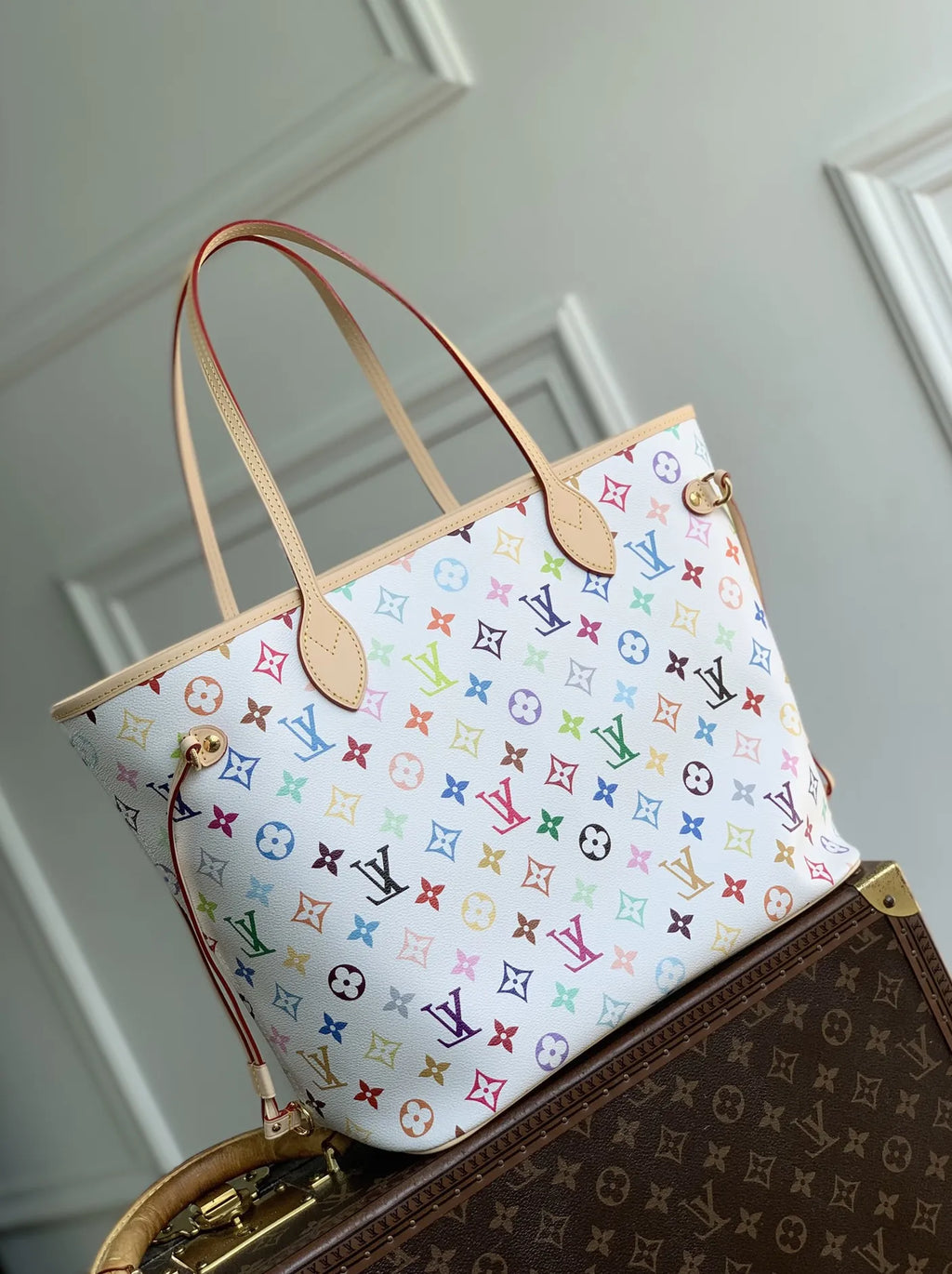 Louis Vuitton LV x TM Neverfull MM Bag, M27787 Multicolor White Coated canvas